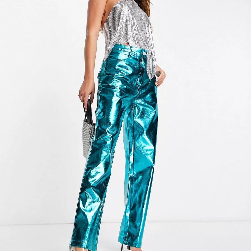 NWT Amy Lynn metallic straight leg trousers pants in green L
